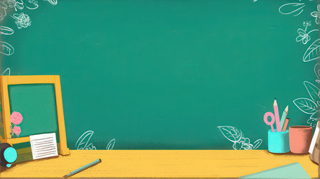 Back to school concept. School supplies on green chalkboard background.の素材