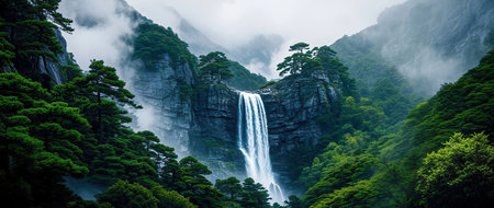 Mountain landscape with waterfall and pine forest in South Korea,Hokkaidoの素材