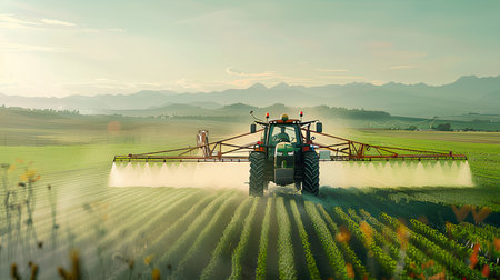 Tractor spraying pesticides on soybean field with sprayer at springの素材