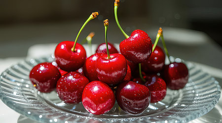 Cherries on a glass plate, close-up, selective focusの素材