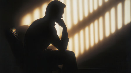 Silhouette of a man sitting on a chair in the darkの素材