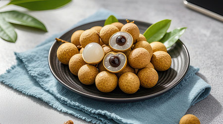 Fresh longan fruit in a black plate on a light background.の素材