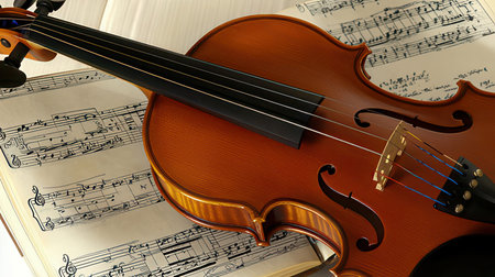 violin and sheet music on wooden background, closeup of photoの素材