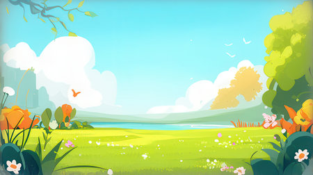 Beautiful spring landscape with green grass and flowers. Vector illustration.の素材