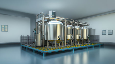 3d illustration of modern brewery interior with stainless steel tanks and equipmentの素材