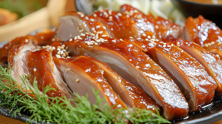 sliced smoked duck in teriyaki sauce on a plateの素材