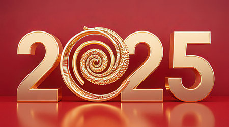 New Year 2025. 3D illustration. Golden numbers on red background.の素材