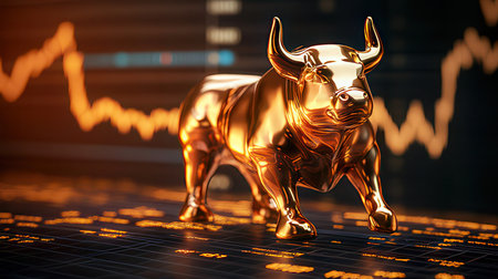 gold bull on stock market chart background. 3d rendering and illustration.の素材