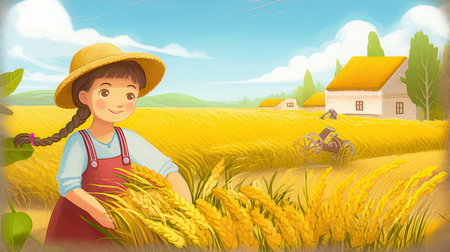 Illustration of a girl in a wheat field with a house in the backgroundの素材