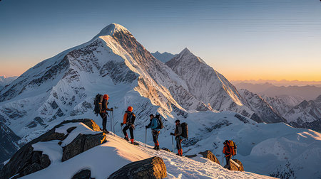 Group of hikers on top of the mountain at sunset. Caucasus Mountains, Georgia.の素材