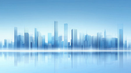 abstract blue background with skyscrapers and reflections in the waterの素材