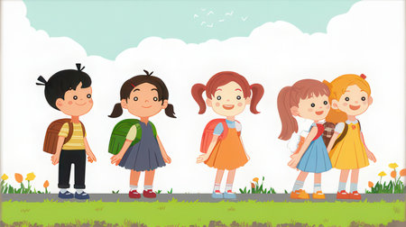 Group of children with backpacks in the park. Vector illustration.の素材