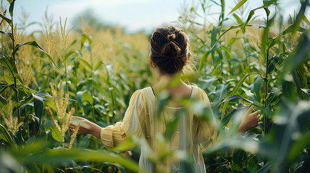 Young woman in a yellow dress walks through the field of corn.