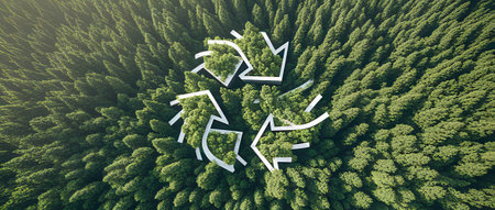 Concept or conceptual green forest with recycle arrows as metaphor for environment, recycle, nature conservation or sustainable development. 3d illustration metaphor for environment, ecology, alternative energyの素材