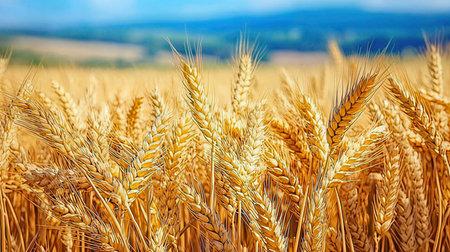 Wheat field. Ears of golden wheat close up. Rich harvest Concept.の素材