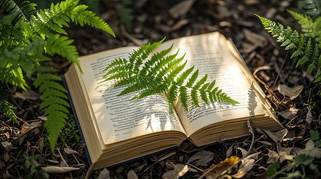 Open book with fern leaves on the ground in the forest.の素材
