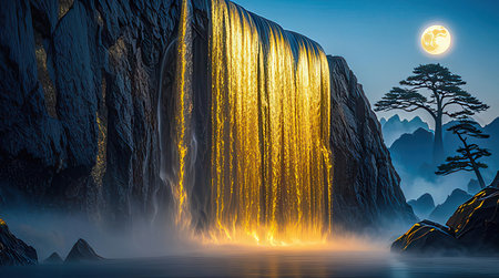 Fantasy landscape with waterfall and mountain at night. 3D renderingの素材