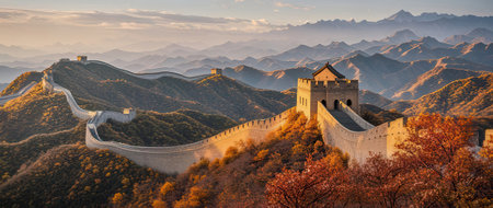 Majestic Great Wall of China at sunrise,panoramic viewの素材