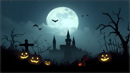 Halloween background with castle, pumpkins and bats. Vector illustration.の素材