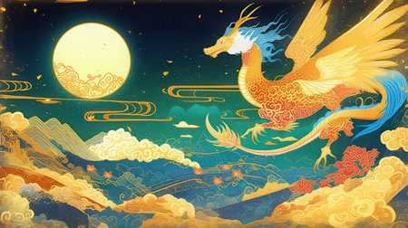 Chinese dragon on the night sky with moon and clouds, illustration.の素材