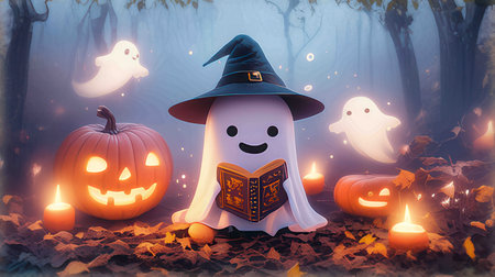 Halloween background with ghost and pumpkins. 3d illustration.の素材