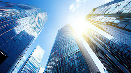 Bottom view of modern skyscrapers in business district at sunny dayの素材