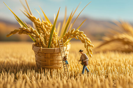 Miniature farmer standing in wheat field with straw basket. Agriculture concept.の素材