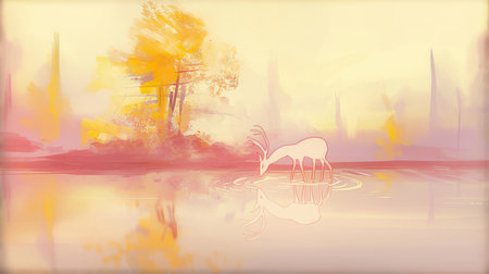 abstract watercolor painting with a bird in a cage on the waterの素材