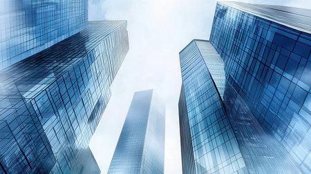 Low angle view of modern skyscrapers in business district. Mixed mediaの素材