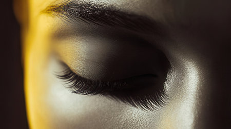 Close-up of beautiful female eyes with long eyelashes. Studio shot.の素材