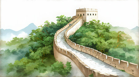 Majestic Great Wall of China. Digital watercolor painting.の素材