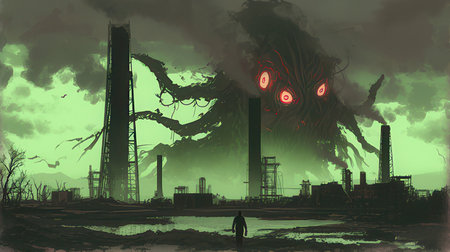 Grunge illustration of a nuclear power plant with a monster in the background