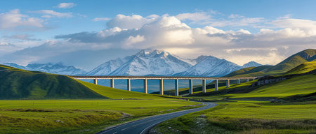 Mountain road and viaduct with green meadows and blue sky.の素材