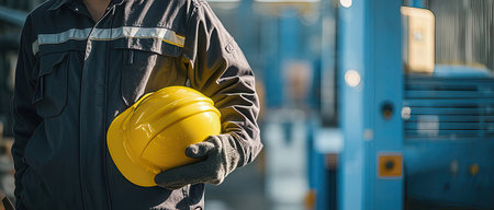 Close-up of a worker holding a yellow helmet in a factoryの素材