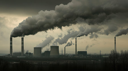 Industrial smoke from chimneys of a power plant in winter.の素材