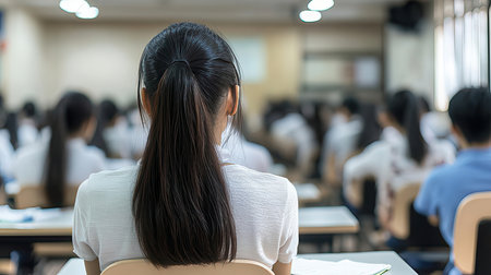 Back view of Asian woman sitting in front of group of people in the auditorium.の素材