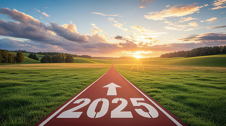 Conceptual image of running track leading to the new yearの素材
