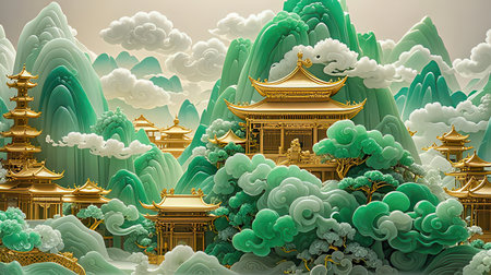 Chinese temple in the mountains with clouds and dragon. 3D renderingの素材