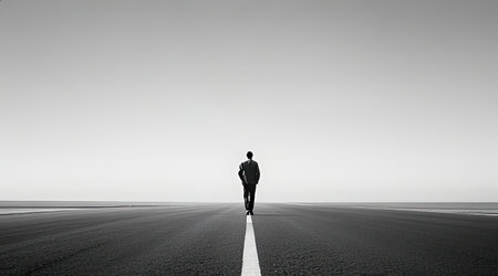 Rear view of businessman standing on asphalt road and looking at horizonの素材