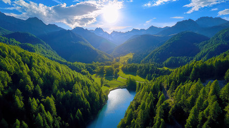 Aerial view of a mountain lake surrounded by coniferous forests.の素材