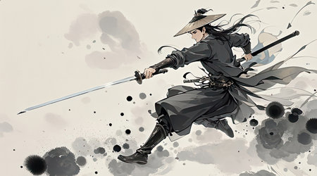 Japanese samurai with katana sword. Japanese samurai illustration. Japanese samurai illustration.の素材