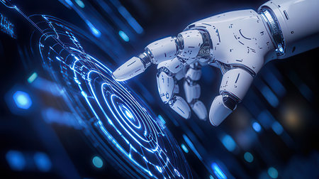 3d rendering robot hand touching virtual screen with future technology concept backgroundの素材