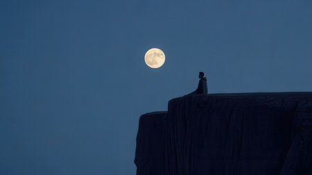Silhouette of a man standing on the edge of a cliff and watching the moonの素材