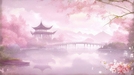 Spring landscape with Chinese pavilion and cherry blossom. Digital painting.の素材