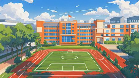 Vector illustration of school building with football field. Vector illustration of school building.の素材