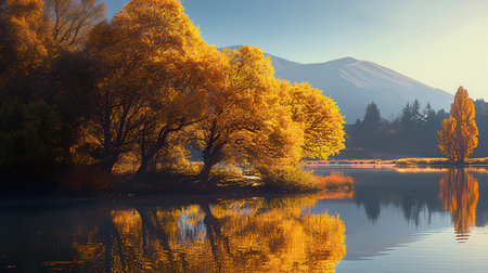 Autumn lake landscape with colorful trees and mountains in the background.の素材