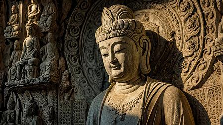 Buddha statue in the ancient Chinese temple, closeup of photoの素材