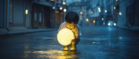 Little boy playing in a puddle with a light bulb at nightの素材