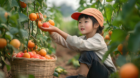 Little asian girl harvesting tomatoes in the garden, Harvesting conceptの素材
