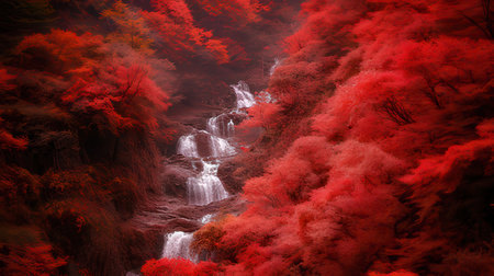 Autumn forest with a waterfall and red leaves in the background.の素材